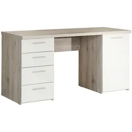 Forte Schreibtisch mit 1 Tür und 4 Schubladen, Holzwerkstoff, Sandeiche / Weiß, 60 x 145 x 76,3 cm