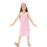 Rabtero Kids Roaring the 20er Jahre Fancy Kleid Kostüm, Mädchen Flapper Kleid mit Perlenkette und Feder Stirnband, Gangster Flapper Kleid für Mädchen, Rosa, Mittel 6-8