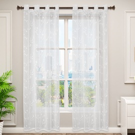 Woltu 2er Set Gardinen transparent Blumen Stickerei mit Ösen Leinen Optik, Doppelpack Ösenschal Vorhang Voile Fensterschal Dekoschal für Wohnzimmer Schlafzimmer, 140x245 cm, Weiß