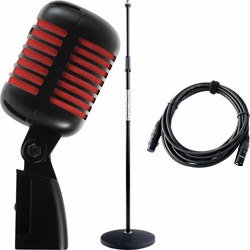Pronomic Mikrofon DM-66 Elvis Rockabilly Dynamisches-Mikrofon (Spar-Set inkl. Mikrofonständer und XLR-Kabel, 3-tlg), Vocal Mikrofon für Sprache und Gesang rot|schwarz