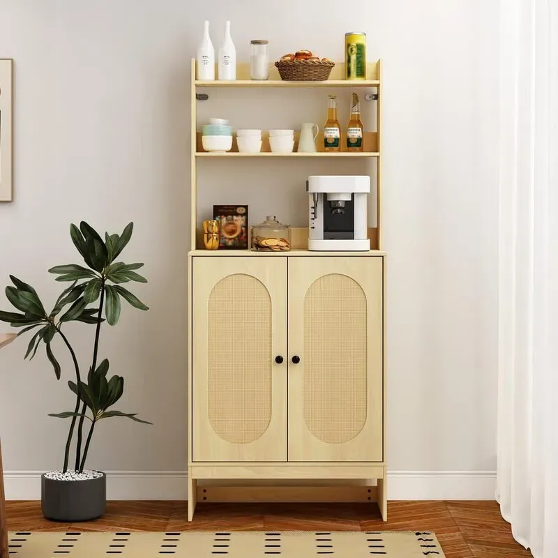 Caldion Sideboard, Hochschrank mit Rattan-Türen, Küchenschrank mit 5 Regalböden, Küchen-Buffet mit 2 Türen und offenen Regalen, Buffet-Schrank mit Tischplatte, 70 x 36,8 x 164,5 cm, MDF, Rattan, Farbe: Eiche