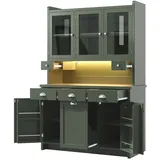 MODFU Küchenschrank MDF Grün 120x40x180 cm mit 3 Glastüren, 3 Schubladen und App-gesteuerter LED-Beleuchtung