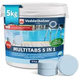 Veddelholzer 5 kg Multitabs 5 in 1 Chlortabletten für pool als 200g Tabletten für große Pools ab 25m3 Pool Zubehör für Pools langsam lösliche, langzeit Chlor Tabletten zur Reinigung & Desinfektion.