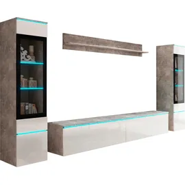 INOSIGN Wohnwand INOSIGN "VERA II", beige (beton smart, weiß hochglanz), B:260cm H:130cm T:33cm, Kastenmöbel-Sets, Wohnwand, Mediawand 260 cm, Vitrine mit Verglasung, stehend und hängend