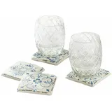 Loberon Untersetzer 4er Set Évry, Mediterrane Kacheln, vier Designs, Handbemalt, Urlaubsflair, Küchenutensilien, Tischaccessoires, Polyresin, Kork, weiß/blau