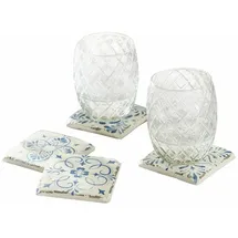Loberon Untersetzer 4er Set Évry, Mediterrane Kacheln, vier Designs, Handbemalt, Urlaubsflair, Küchenutensilien, Tischaccessoires, Polyresin, Kork, weiß/blau