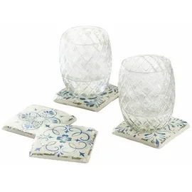 Loberon Untersetzer 4er Set Évry, Mediterrane Kacheln, vier Designs, Handbemalt, Urlaubsflair, Küchenutensilien, Tischaccessoires, Polyresin, Kork, weiß/blau