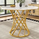 Flieks Rundtisch Esstisch, Küchentisch mit marmorierte Tischplatte und goldenen Metallbeinen, 80x80x76 cm - Gold/Weiß