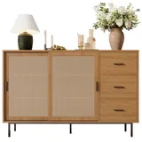 REDOM Sideboard Anrichte, Landhausstil Küchenschrank (mit Rattan-Schiebetüren & 3 Schubladen – große Tragkraft, flexible Aufbewahrung), für Wohnzimmer, Esszimmer