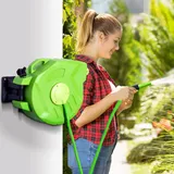 Outsunny 15 M + 1,5 M Schlauchtrommel, Wandmontage, Automatische Aufrollvorrichtung, 180° Drehbar, Mit Spritzpistole, Große Reichweite, Wandfuß, Schlauchanschluss Für Garten Und Terrasse