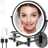 22,9 cm Wandmontierter Make-up-Spiegel mit Lichtern, 4000 mAh, wiederaufladbar, 1X/10-fache Vergrößerungsspiegel für Badezimmer, 3 Farb-Beleuchtung, Touchscreen-Dimmung, verlängerter Arm, 360 Grad