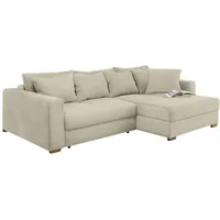 luma-home Dauerschlaf-Ecksofa Federkern Couch Bettkasten mit Cordstoff Beige Grau & Beige