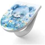 DEQORI WC-Sitz 'Kleiner Blütenbär', WC Toilettensitz bedruckt Klobrille Toilettendeckel Motiv WC-Brille blau