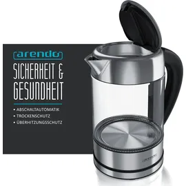 Arendo Wasserkocher 1,7 l, 2200 W, Edelstahl mit Glaskörper, Temperaturwahl 40°C - 100°C, Aufkochfunktion