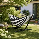 GarveeMore Doppelhängematte mit Gestell, Hängematte 2 Personen Outdoor & Indoor, Tragbare Hängematte bis 200 kg, Hängemattengestell für Garten und Balkon inkl. Tasche, Dunkelgrau-Weiß Gestreift