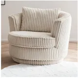 furn.design Drehsessel Comfy Mega-Cord 120 x 77 x 120 cm Wollweiß mit Kissen