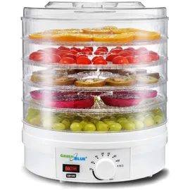 Green Blue GB190 Dörrautomat mit Temperaturregler 35–70 °C | 250 W BPA-frei Extra Leise | Dörrgerät für Obst Gemüse Fleisch Fisch Kräuter Pilze | 5 Platten je 4,5 cm Höhe