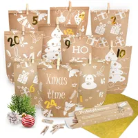 Amari ® Adventskalender zum Befüllen - 24 Papier Adventstüten (mit Holzklammern) zum Basteln für Weihnachten - Papier Weihnachtstüten mit Zahlenaufkleber