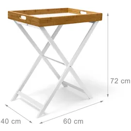 Relaxdays Tabletttisch Bambus HxBxT:72x60x40cm, Beistelltisch mit Tablett, Klapptisch/Serviertablett, weiß