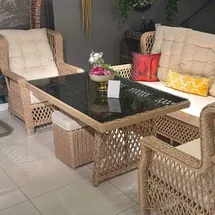 Casa Padrino Luxus Rattan Gartentisch 200 x 100 x 74 cm Naturfarben/Grau