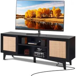 VEVOR Rattan-TV-Ständer 191cm Fernseher Boho-TV-Schrank Fernsehschrank Schwarz