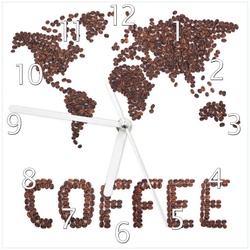 Wallario Wanduhr Weltkarte mit Schriftzug aus Kaffeebohnen (Glasuhr) weiß 20 cm x 20 cm