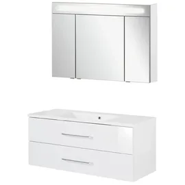 Fackelmann B.Clever Badmöbel Set mit Spiegelschrank, 120 cm Weiß, Waschbecken Gussmarmor Weiß
