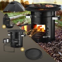 BBQ#BOSS Raketenofen mit Grillpfanne & Tragetasche, Stahl, Schwarz, mit Gusseisen Grillplatte, Campingkocher Holz mit Brennholzständer, Doppeltür, Camping BBQ Holzofen, Outdoor, Dutch Oven Raketenherd