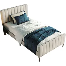 Merax Polsterbett Einzelbett 90x200 aus Leinen & Kiefernholz & Metall mit Lattenrost & Kopfteil für Schlafzimmer Beige