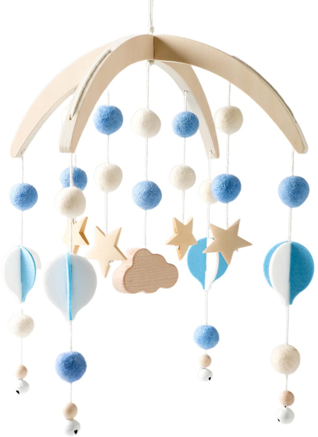 EXQULEG Mobile Baby Babybett Windspiel, Stern Mond Heißluftballon Holz Mobile Baby mit Filzbällen Hängende Bettglocke, Geschenk für Baby Mädchen oder Jungen (Blau)