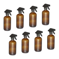 Relaxdays Sprühflasche Glas, 8er Set, 500 ml, Nebel & Strahl, Spritzflasche für Haarpflege, Reinigung & Pflanzen, braun