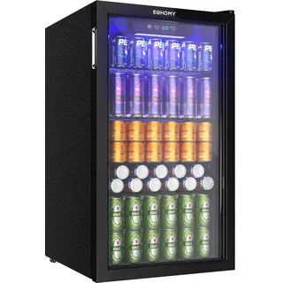 EUHOMY Getränkekühlschrank, Mini-Kühlschrank für 126 Dosen mit Glastür, kleiner Kühlschrank mit verstellbaren Regalen für Limonade, Bier oder Wein, für Zuhause/Bar/Büro, Schwarz Edelstahl