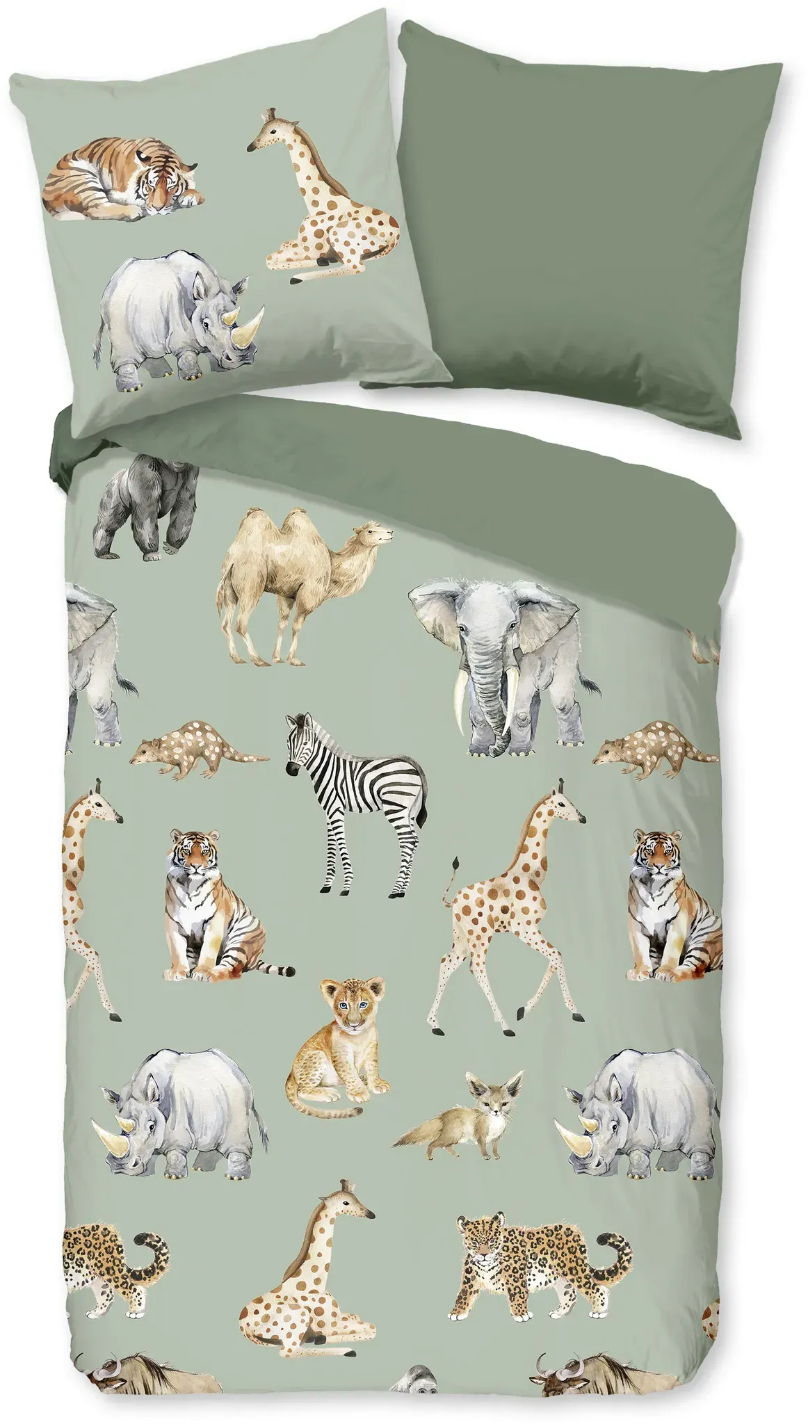 Kinderbettwäsche "Safari", grün, B/L: 135cm x 200cm, , Microfaser, B/L: 80cm x 80cm, Microfaser, Obermaterial: 100% Polyester, PURE LUXURY COLLECTION, Bettwäsche, Mikrofaser, 135x200, Pflegeleicht, Wendeoptik, Kind, Tier, Tiere, Grün