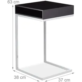 Relaxdays Beistelltisch, C-Form, HBT: 63x37x38 cm, Sofatisch zum Unterschieben, MDF & Metall, Ablagefach, schwarz/Silber