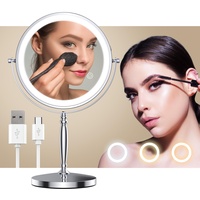MATEPROX 8 Zoll Kosmetikspiegel mit Lichtern, Wiederaufladbarer Doppelseitiger 1X 10X Vergrößerungsspiegel, Beleuchteter Schminkspiegel mit 3 Farblichtern, Touchsensor-Dimmung-Silber