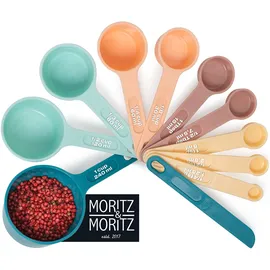 Moritz & Moritz Messlöffel Set 1/4 TSP bis 1 Cup - stapelbar - Messbecher Measuring Cups und Measuring Spoons 1,25-240ml inkl. Streichlineal - Zum Kochen & Backen mit Kindern (Bunt)