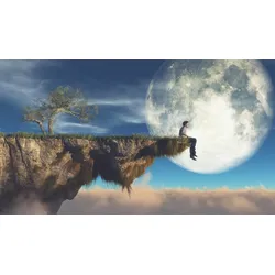 Fototapete PAPERMOON "Mann an Klippe vor Mond", bunt, B:4,00m L:2,60m, Vlies, Tapeten