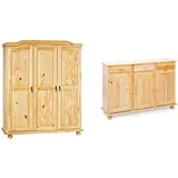 Inter Link Bauernschrank Kleiderschrank Dielenschrank Landhausschrank Garderobenschrank 3 Türig Kiefer massiv Natur lackiert & Sideboard mit drei Türen und drei Schubladen, braune Farbe, 130x87x43 cm.