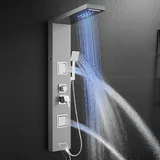 OUGOO LED Duschpaneel mit Armatur, 5 Funktionen Duschsäule, Wasserfall & Regendusche, Massagedüsen, Handbrause und Wanneneinlauf, Gebürstet Edelstahl Duschpaneele Komplett