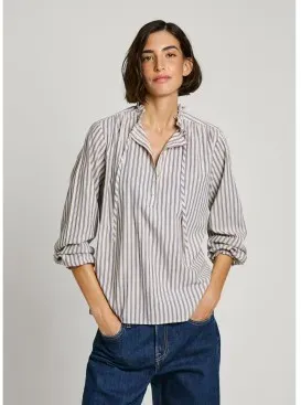 Pepe Jeans für Damen. PL305053 Bluse Britney weiß (L), Lässig, Baumwolle, Langarm