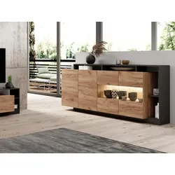Sideboard mit 4 Türen & 4 Ablagefächern - Mit LED-Beleuchtung - Holzfarben hell und Anthrazit - IDESIA