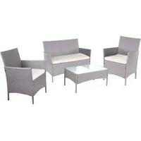 Mendler 2-1-1 Poly-Rattan Garten-Garnitur Halden, Sitzgruppe Lounge-Set Sofa grau, Kissen creme - Grau