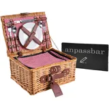 eGenuss Personalisierter Picknickkorb für 2–4 Personen – Weide + Futterstoff (Rot/Blau/Grün) – Gravur auf Teller, Gläser, Schieferplatte & Lederschild – Geschenk Hochzeit/Jahrestag