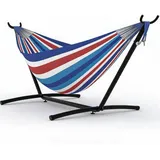 GarveeMore Hängematte für 2Personen mit Gestell und Kissen,204kg Tragkraft,Doppelhängematte, robuste Outdoor-Hängematte mit Balancierseil für Terrasse, Garten blau