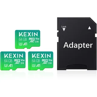 KEXIN Micro SD Karte 64GB 3 Stück Micro SD 64GB mit SD Adapter Speicherkarte Micro SD C10, U3, A1, V30 Micro SD Card für Tablet, Camera, Drone, Smartphone