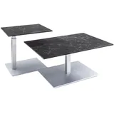 Vierhaus Couchtisch Platte Keramik Nero auf Glas, stufenlos höhenverstellbar, Metall perlsilberfarbig lackiert, rollbar
