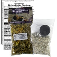 KÖNIGSKERZE BLÜTEN zum RÄUCHERN. 5-TLG Räucherset - 60ml Räucherwerk mit Räucherkohle (1x) + Räuchersand + Räucheranleitung + Lexikon der Räucherstoffe A-Z. 82060-39A