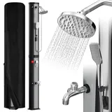 Vkechh 60L Solardusche | Einstellbar Regenduschkopf | Wasserhahn | handbrause | Max. 60°C | Ohne Stromanschluss | Mit Schutzhaube-Ablassschraube | Schwarz/Silber