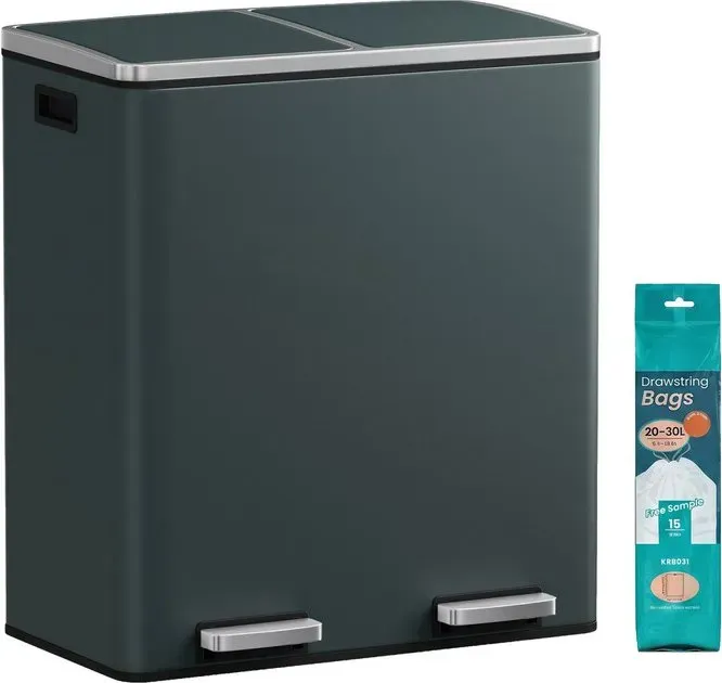 Ochama Grünlich-grauer dualer 30-Liter-Wertstoffbehälter (2 x 8 Gallonen) – Metall, 2 Fächer, Pedale, sanft schließende Deckel, Kunststoff-Inneneimer, inklusive 15 Müllbeuteln, 59x36.5x62.4cm