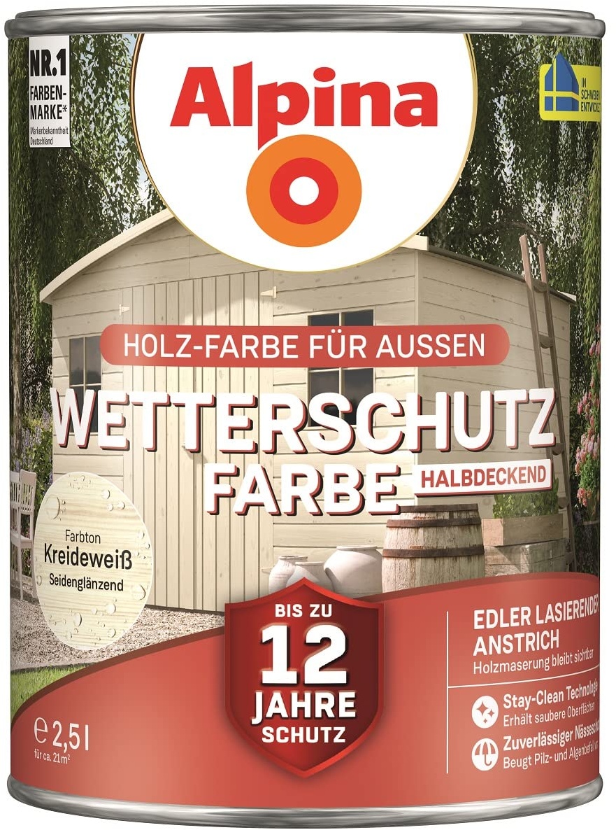 Alpina Holz-Wetterschutz-Farben – Kreideweiß, halbdeckend – bis zu 12 Jahre Schutz vor Witterung und Nässe – schmutzabweisend, deckend & ergiebig – 2,5 L